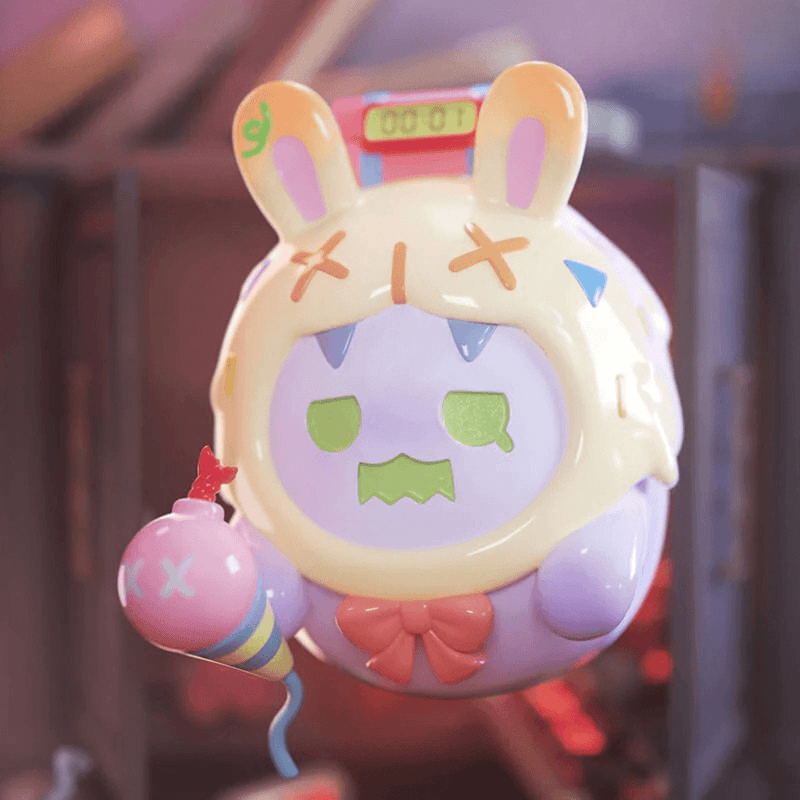 “Ticking Bomb” Ghost Bear in bunny-eared cream hood holding pastel time bomb—Birthday Alone Blind Box figure
