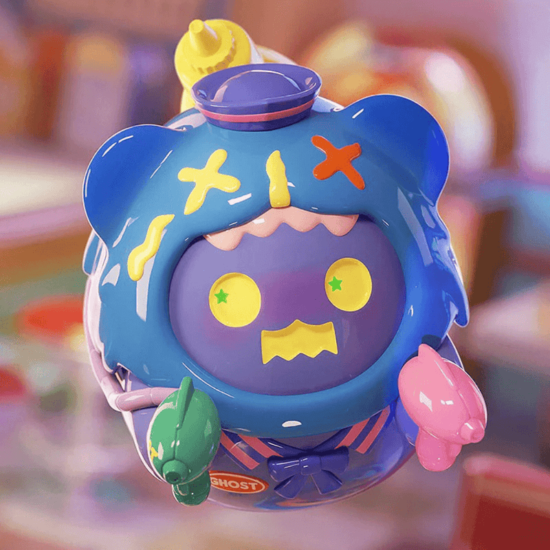 Blue “Condiment Captain” ghost bear squirting mustard & ketchup, sailor hat askew.
