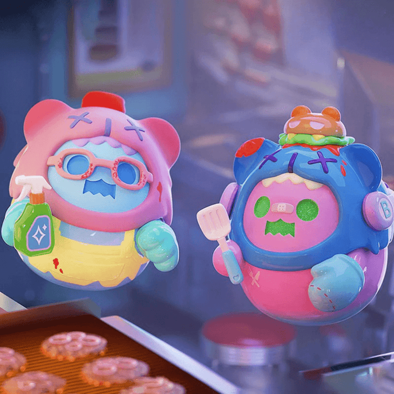 Twin scene—pink-apron Grill Chef bear with spatula beside dish-washer pal.

