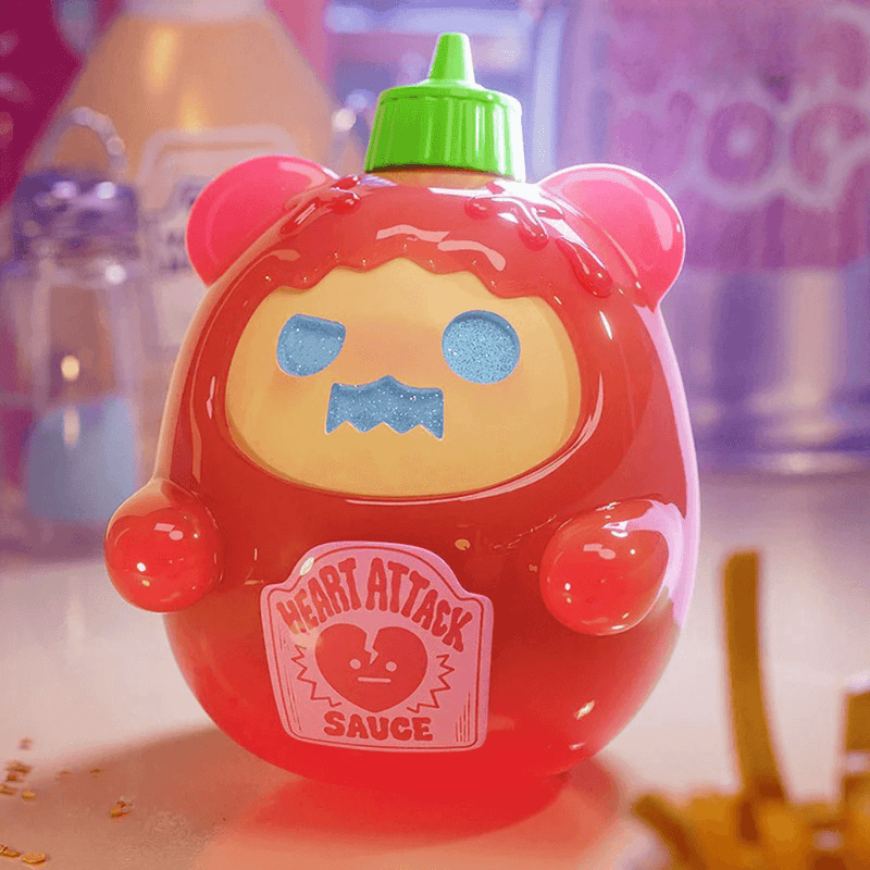 “Hot Sauce” mini—red sauce-bottle bear with ‘Heart Attack’ label and green cap.
