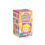 Colourful “Strange Ghost Diner” blind-box showing Pizza Cutter mascot and menu of all 14 possible Ghost Bear figures.

