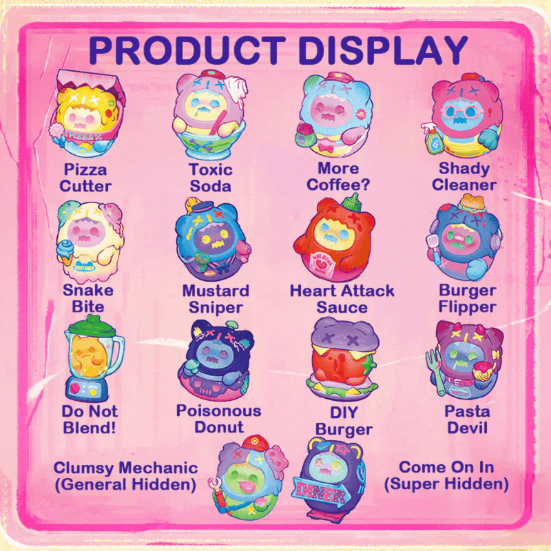 Illustrated grid naming each Ghost Bear Diner design (Pizza Cutter, Toxic Soda, DIY Burger, etc.) on pink panel.
