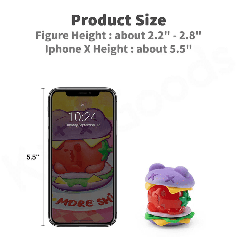 Size guide showing DIY Burger figure next to an iPhone X; caption notes 2.2–2.8 inch height range.

