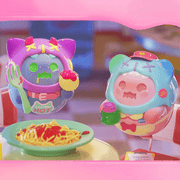 “Spaghetti Slinger” pair—purple bear with fork & hot-warning bib next to jiggly jelly pal.
