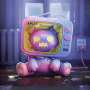 Purple-pink Ghost Bear sitting while cracked pastel TV head shows tearful face.

