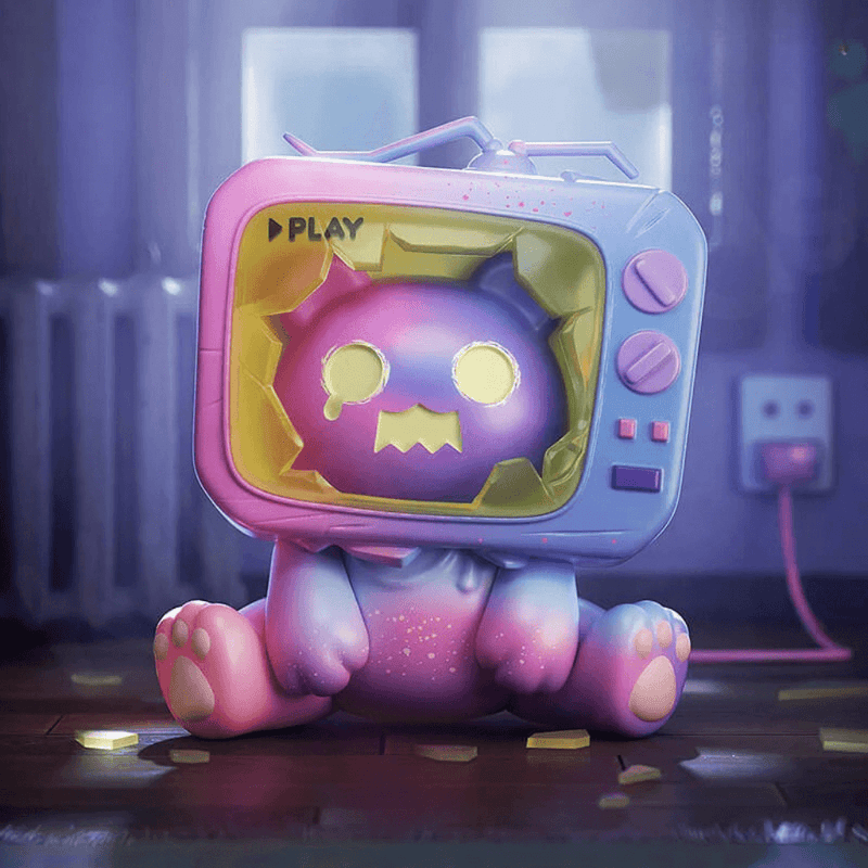 Purple-pink Ghost Bear sitting while cracked pastel TV head shows tearful face.
