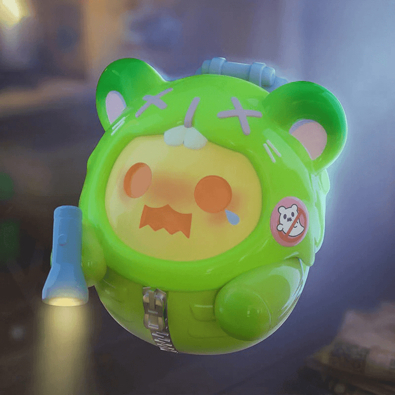 Neon-green Ghost Bear explorer with torch and anti-ghost badge creeping through hallway.

