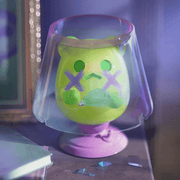 Neon-green Ghost Bear trapped under cracked lampshade, holding broken bulb on bedside table.
