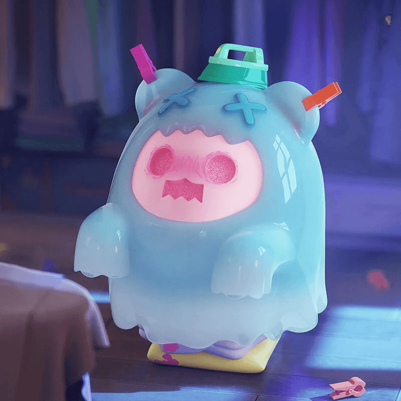 Aqua Ghost Bear wearing ghost-sheet with pegs on head, hovering over bedroom floor.
