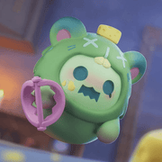 Green Ghost Bear with cheese hat brandishing purple mouse trap in midnight kitchen.
