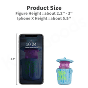 Hide and Seek figure beside iPhone X size guide; notes 2.2–3 inch height range.

