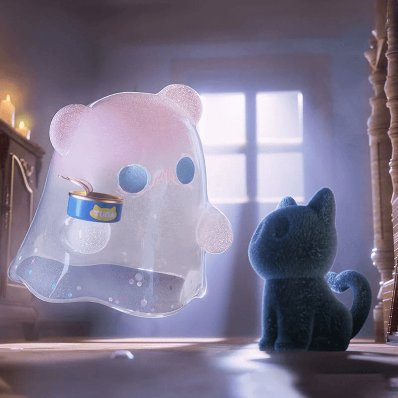 Translucent glitter Ghost Bear in bed-sheet guise offering a tuna tin to fuzzy blue cat.

