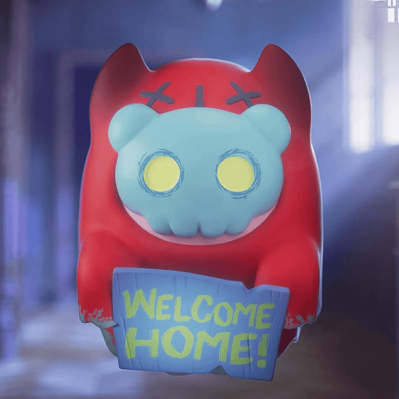 Hidden variant—red devil Ghost Bear with skull mask holding weathered “Welcome Home!” sign.

