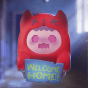 Regular “Welcome Home” version—red Ghost Bear with pink face holding blue wood sign.
