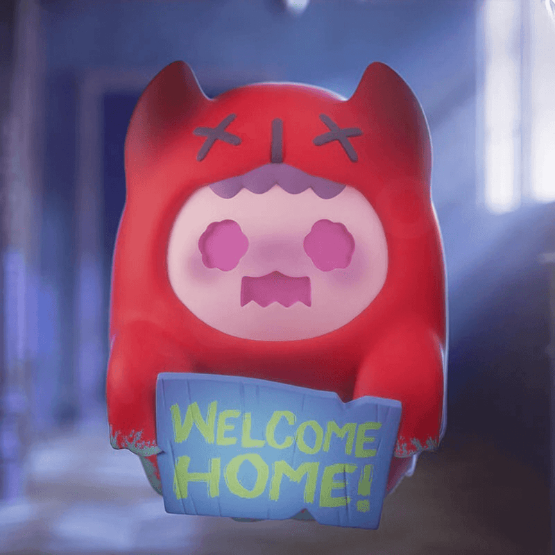 Regular “Welcome Home” version—red Ghost Bear with pink face holding blue wood sign.
