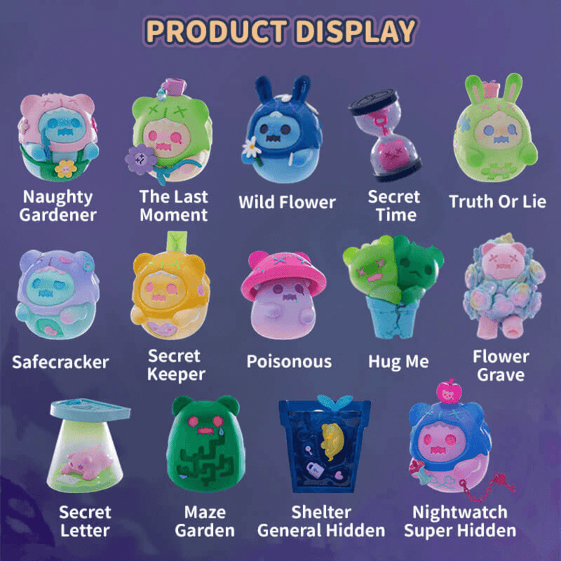 Line-up graphic showing all 12 regular and 2 hidden Baby Ghost Bear Secret Bear Garden blind-box styles

