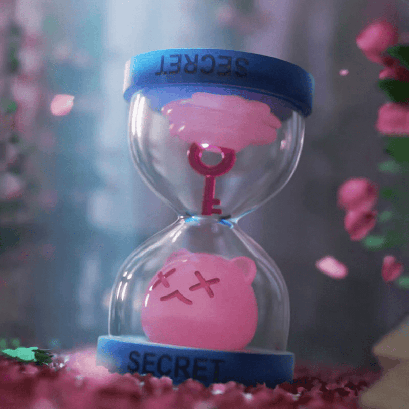 “Secret Time” Ghost Bear hourglass with pink sand, key and bear head inside – Secret Bear Garden mini-figure

