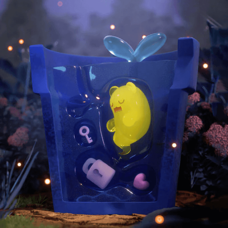 “Shelter” general-hidden Baby Ghost Bear encased in translucent blue planter with key, lock and heart icons
