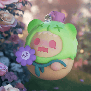 “The Last Moment” Baby Ghost Bear in green hood holding a wilted purple bloom – The Secret Bear Garden collectable
