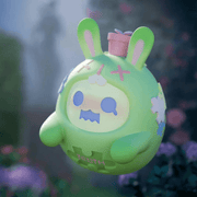 “Truth or Lie” Baby Ghost Bear in lime bunny hood with puzzle motif – The Secret Bear Garden collectable
