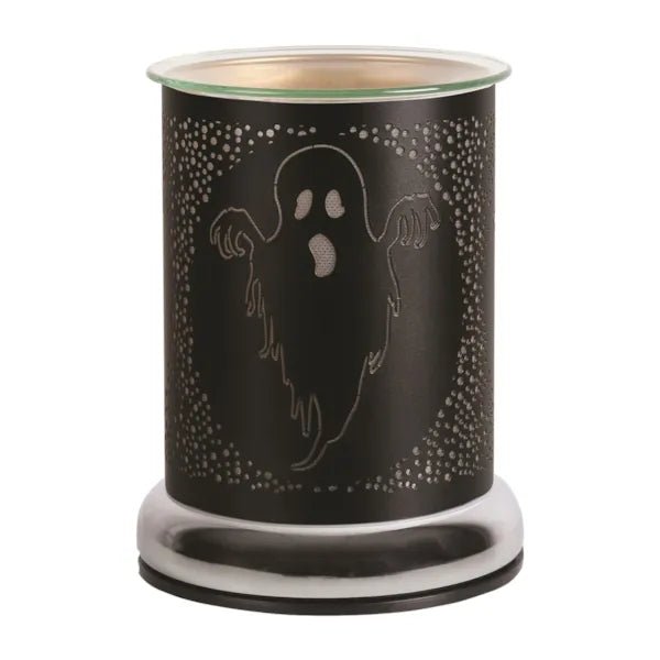 Unlit electric wax melt burner with ghost design in black metal

