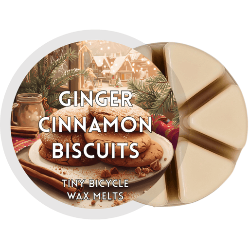 Ginger Cinnamon Biscuits segmented cream wax melt pot with festive plate of sprinkled ginger biscuits and cinnamon sticks