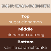 Ginger Cinnamon Biscuits wax melt scent card with sugar cinnamon top, cinnamon nutmeg middle and vanilla caramel tonka base notes