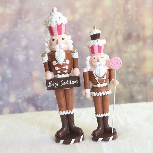 Pastel gingerbread nutcrackers styled on a soft Christmas backdrop


