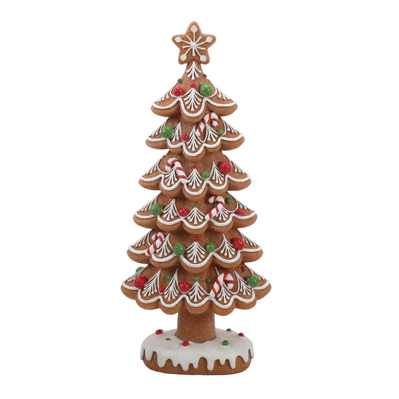 Gingerbread-style Christmas tree decoration, 38cm, with white icing and red/green candy canes on snowy base.

