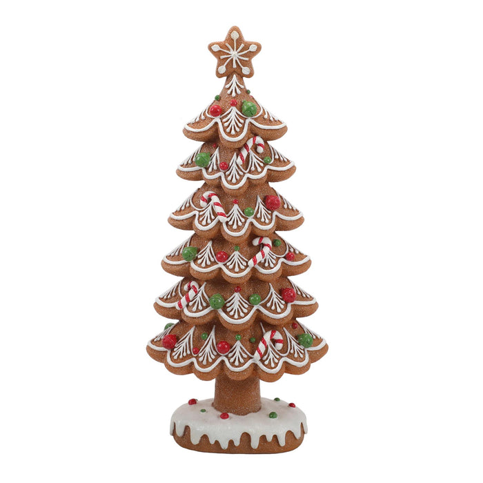 Gingerbread-style Christmas tree decoration, 38cm, with white icing and red/green candy canes on snowy base.

