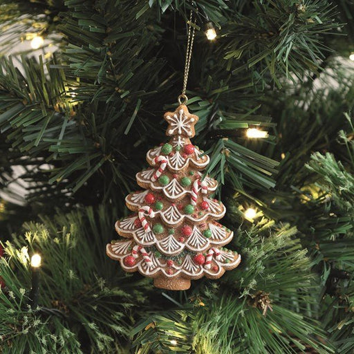 Gingerbread tree ornament hanging on Christmas tree with lights, 10cm decoration.

