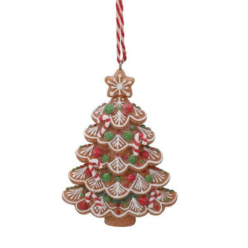 Gingerbread Christmas tree hanging decoration with white icing, red and green details, 10cm.

