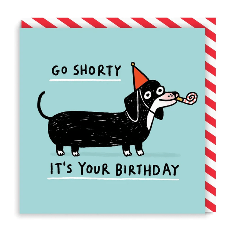 Humorous Go Shorty birthday greeting card – black dachshund in orange party hat blowing horn on teal background
