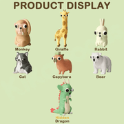 GODGWAWA Weird Animals character guide showing Monkey, Giraffe, Rabbit, Cat, Capybara, Bear and hidden Dragon