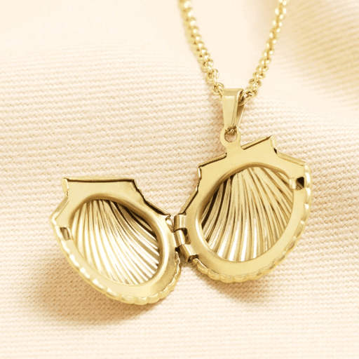 Gold stainless steel shell locket necklace shown open on a chain, revealing the inside detail