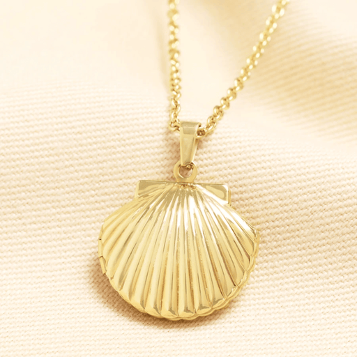 Gold stainless steel shell locket necklace shown closed on a chain, scallop shell design