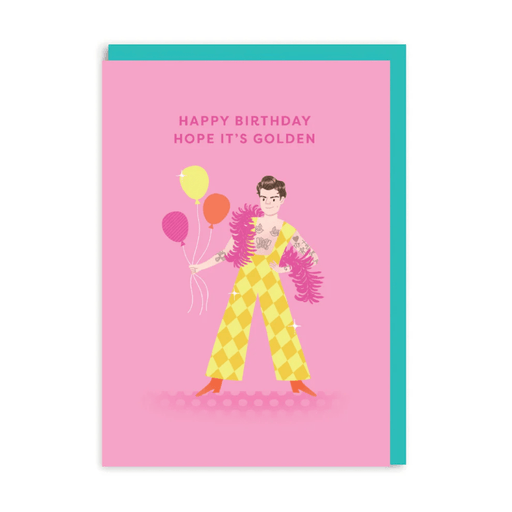 Happy Birthday Hope It’s Golden greeting card with cartoon singer in yellow check jumpsuit holding balloons
