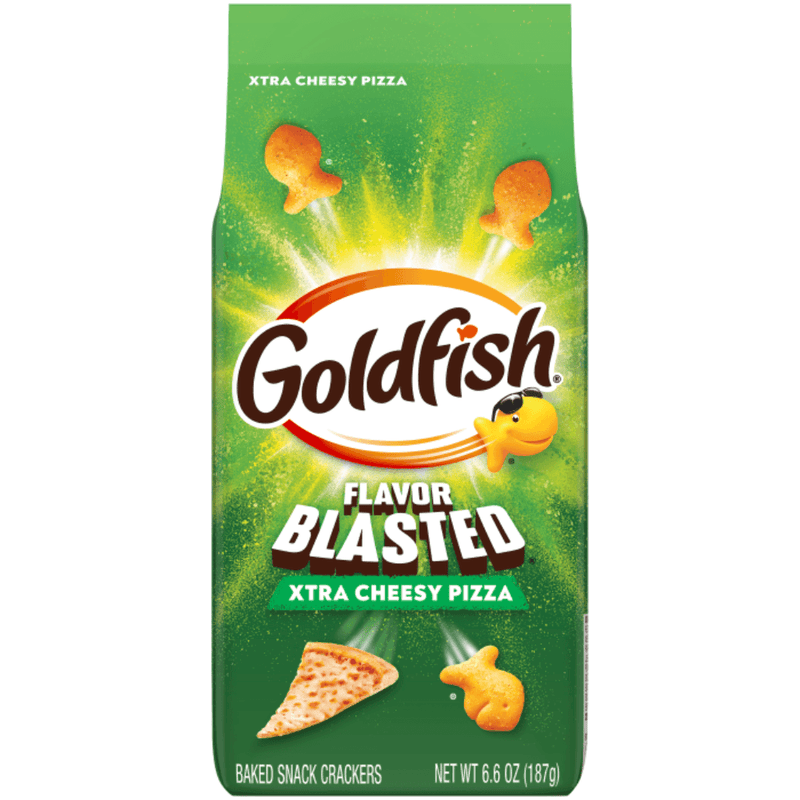 Front of Goldfish Flavor Blasted Xtra Cheesy Pizza Crackers 187g bag