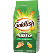 Goldfish Flavor Blasted Xtra Cheesy Pizza Crackers 187g bag shown at an angle