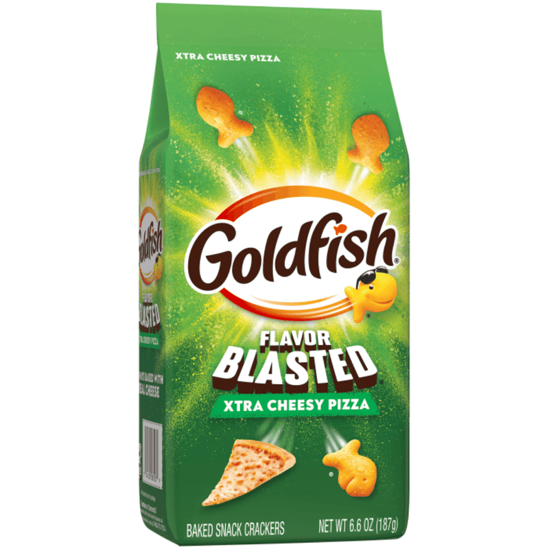 Side view of Goldfish Xtra Cheesy Pizza baked American snack crackers