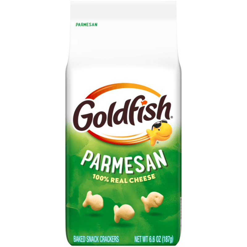 Front of Goldfish Parmesan Baked Snack Crackers 187g American snack bag
