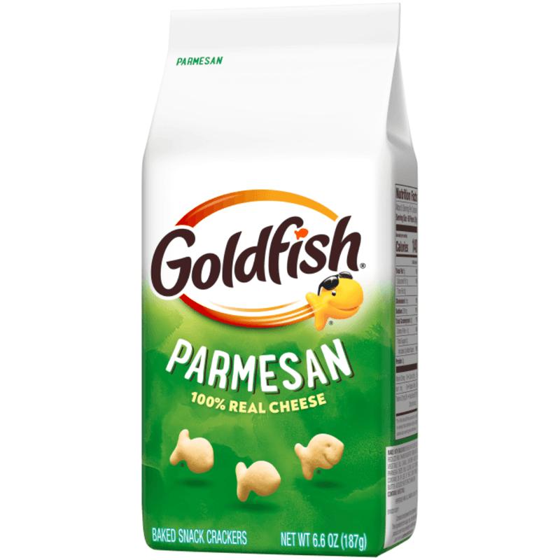 Side view of Goldfish Parmesan baked crackers made with real cheese