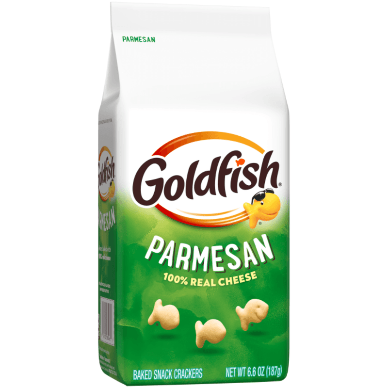 Goldfish Parmesan Baked Snack Crackers 187g bag shown at an angle
