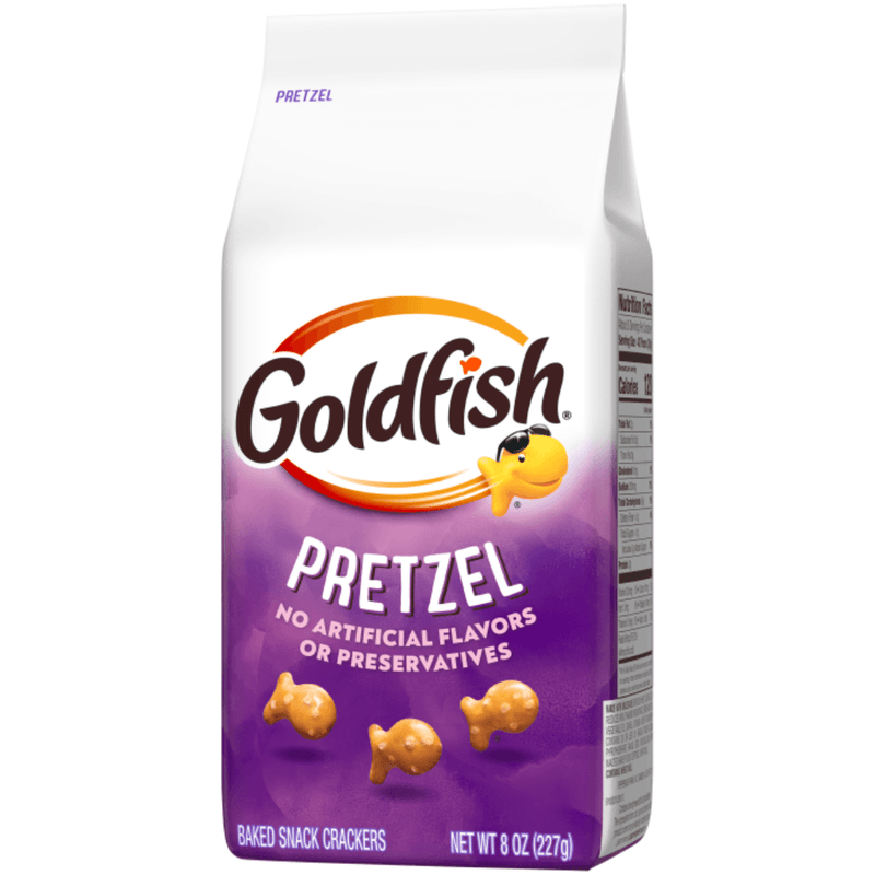Goldfish Pretzel Baked Snack Crackers 227g bag shown at an angle
