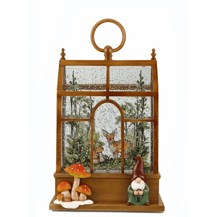 Gonk House LED water spinner 15 x 24cm showing woodland scene with deer and mushrooms, brown lantern design on white background.