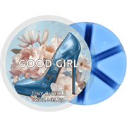 Good Girl segmented wax melt pot with blue wax segments and floral high heel label design