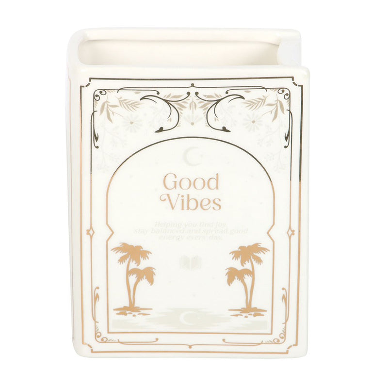 White Good Vibes book vase for flowers and reading nook decor