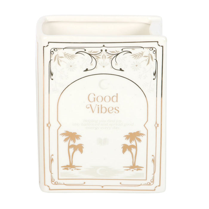 White Good Vibes book vase for flowers and reading nook decor