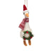 Fabric goose Christmas hanging decoration wearing a Santa hat and red knit scarf, holding a holly wreath, on white background.