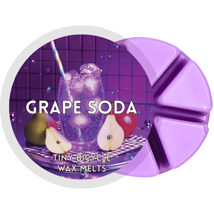 Purple Grape Soda wax melt with fizzy grape drink, pears, and vibrant retro background.